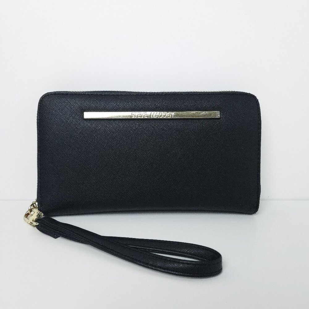 Steve Madden Black Saffiano Zip-Around Wristlet Wallet – Gold Hardware